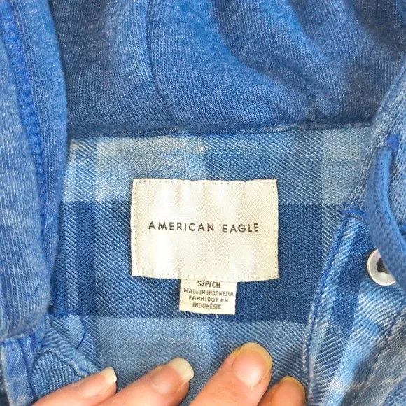 American Eagle Hooded Plaid Flannel Shirt SP Blue Button Up Hoodie Top - Picture 7 of 16